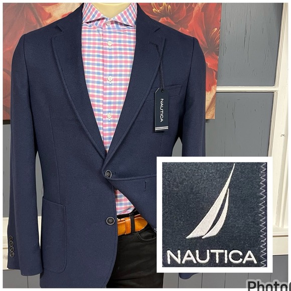 Nautica Soft Tweed Flannel Blazer Jacket Sport Coat Mens 44L Long Polyester Navy